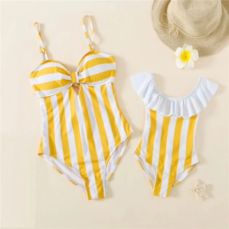 Matching Family Swimsuit Yellow Striped Bowknot One-Piece Swimwear